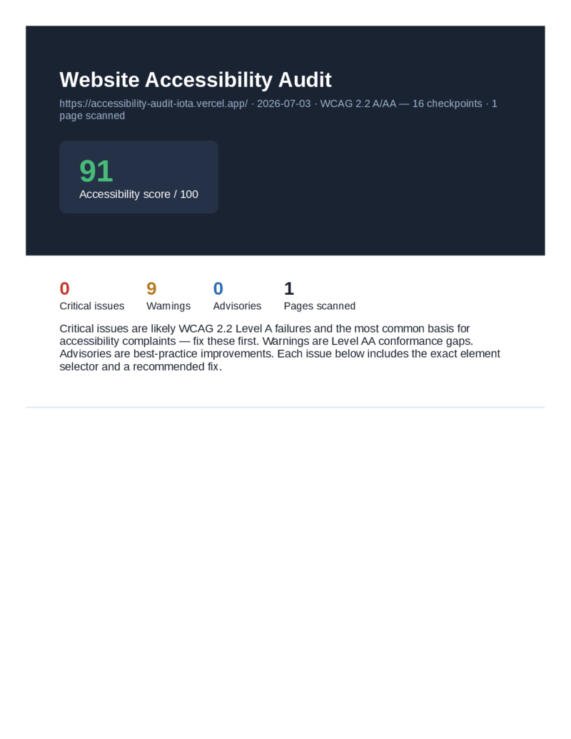 Sample audit report preview showing accessibility score, issue summary, and per-element findings with WCAG references